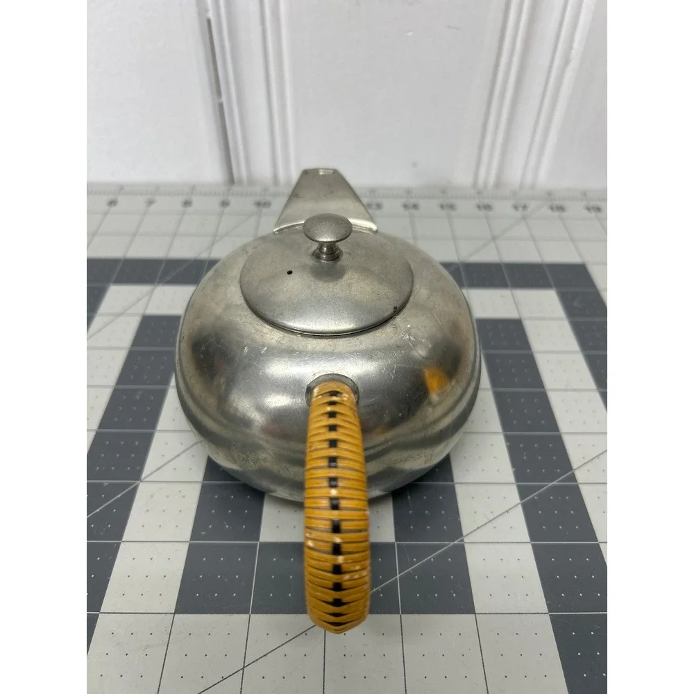 Vtg Royal Holland Pewter Tea Set Silver MCM Wicker Handle Teapot Creamer Sugar